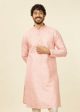 Manyavar Men Coral Pink Buta Patterned Kurta Set