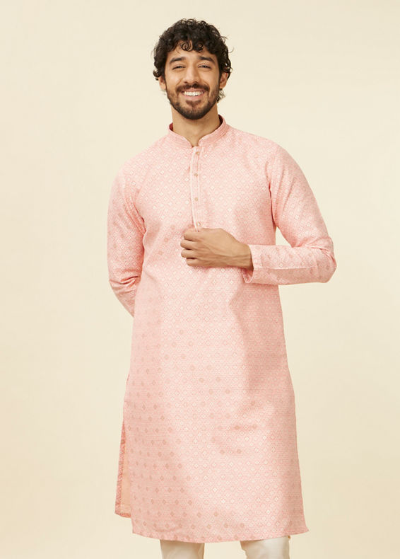 Manyavar Men Coral Pink Buta Patterned Kurta Set