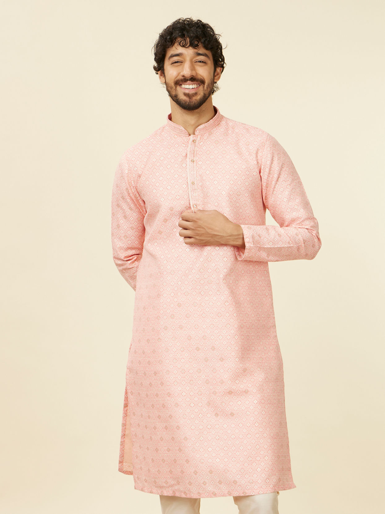 Manyavar Men Coral Pink Buta Patterned Kurta Set