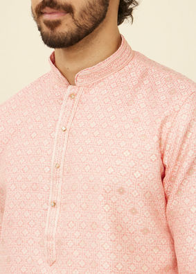 Manyavar Men Coral Pink Buta Patterned Kurta Set