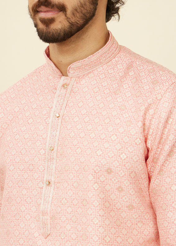 Manyavar Men Coral Pink Buta Patterned Kurta Set