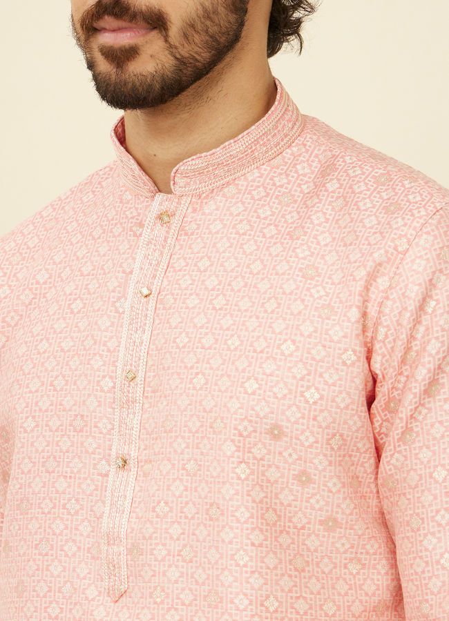 Manyavar Men Coral Pink Buta Patterned Kurta Set