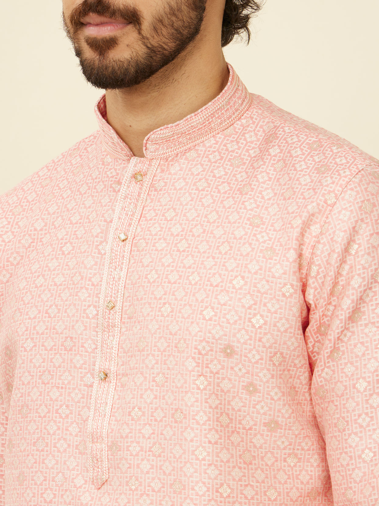 Manyavar Men Coral Pink Buta Patterned Kurta Set