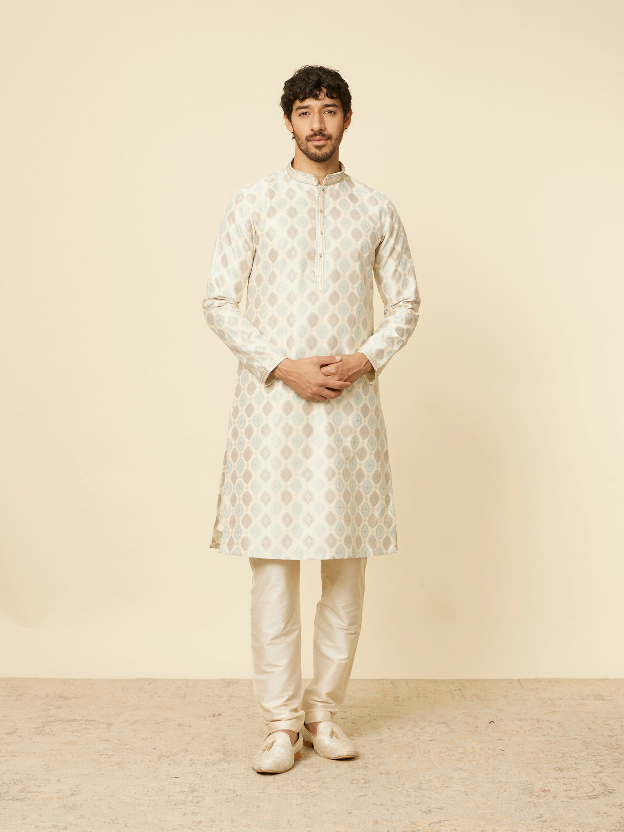 Manyavar Men Cream Paisley Printed Kurta Set