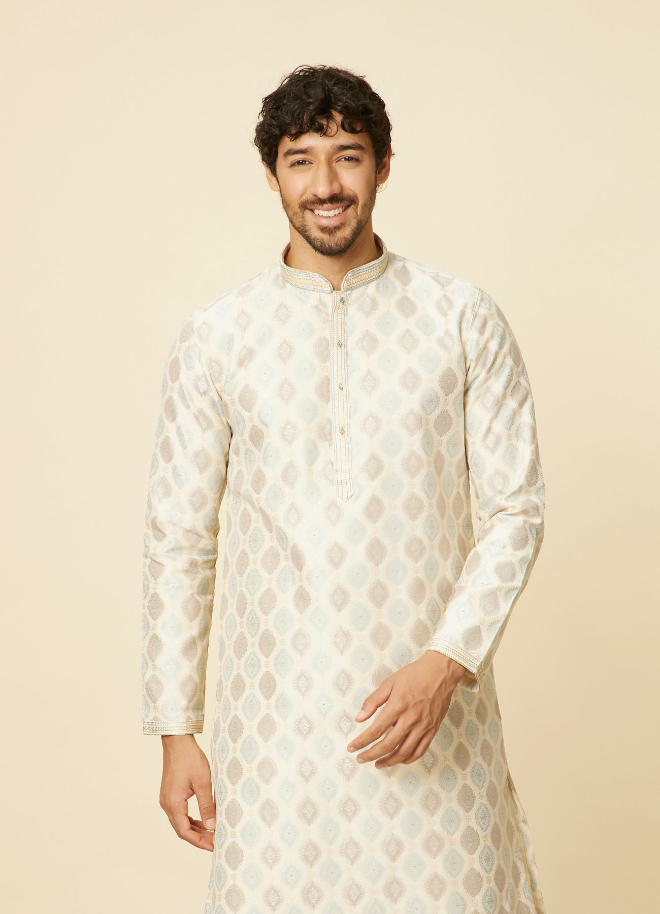 Manyavar Men Cream Paisley Printed Kurta Set