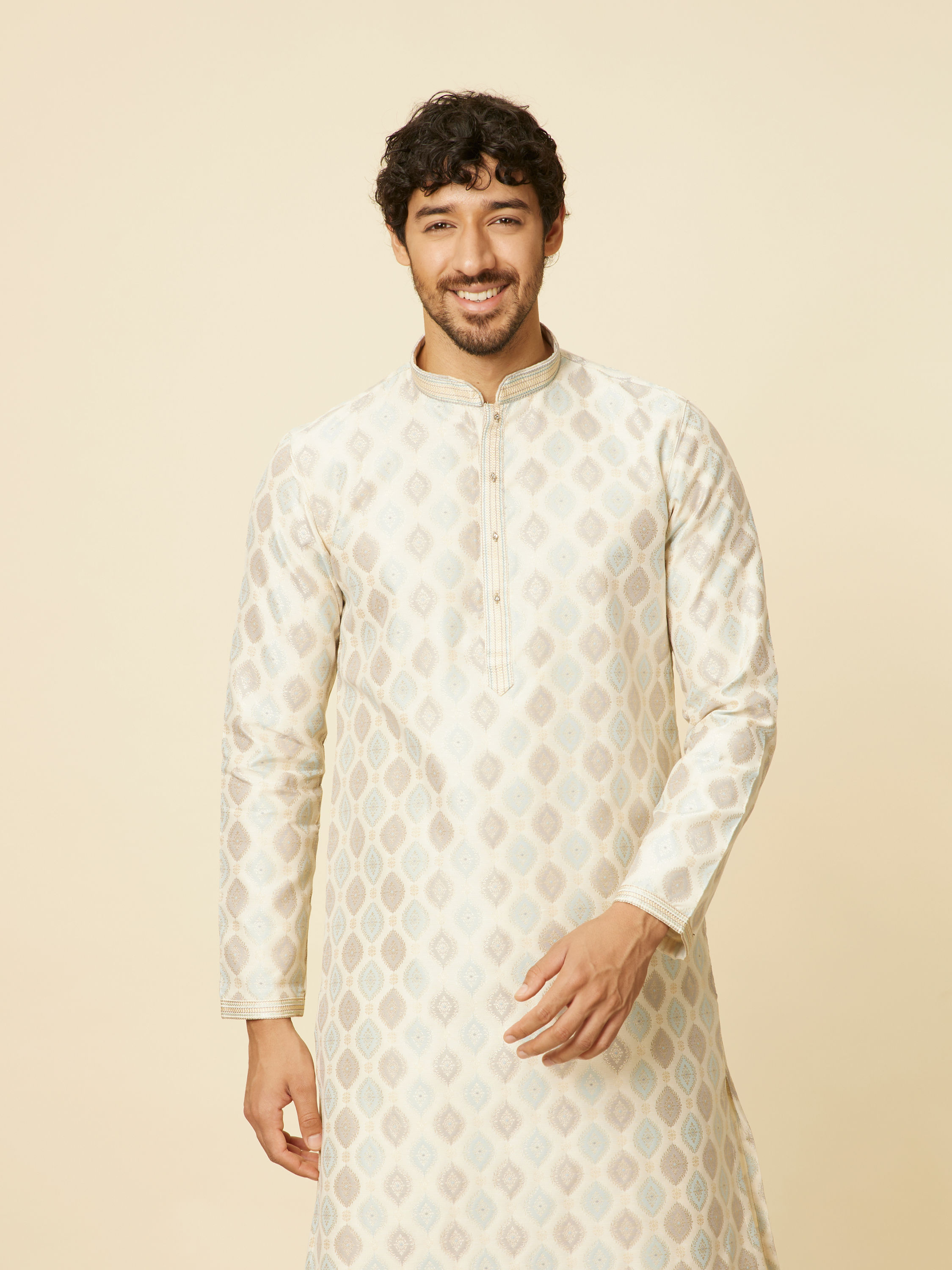Manyavar Men Cream Paisley Printed Kurta Set