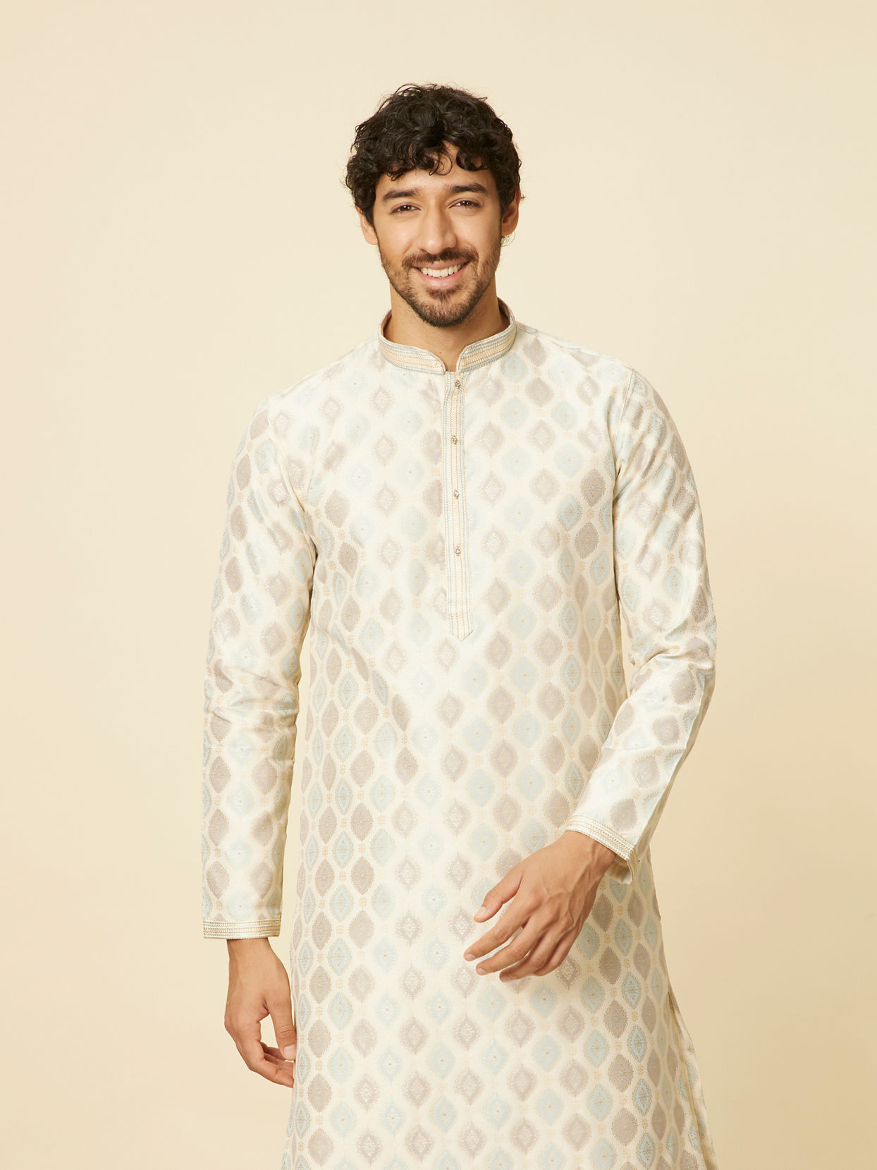 Manyavar Men Cream Paisley Printed Kurta Set