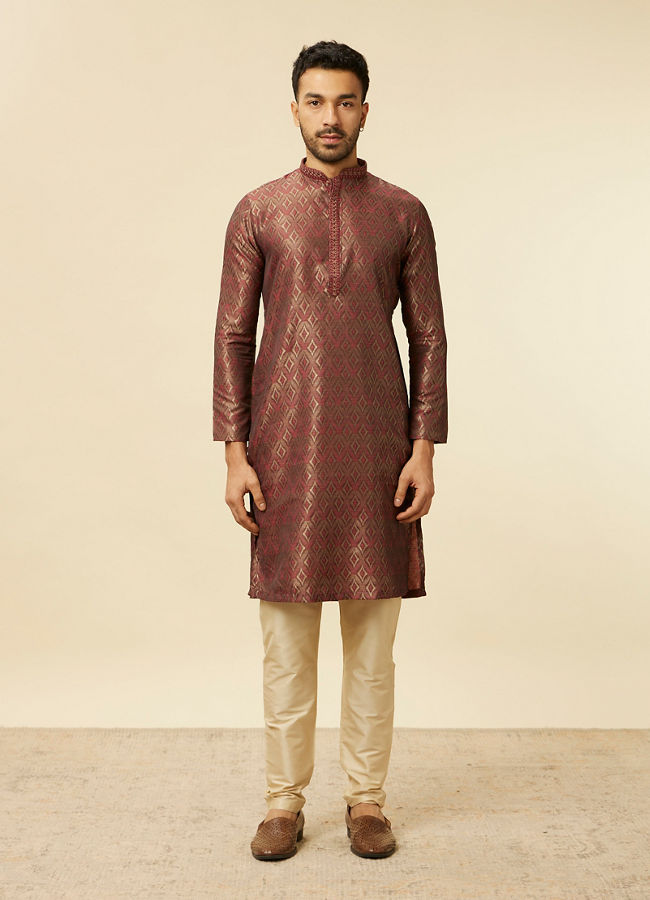 Manyavar Men Maroon Bel Buti Patterned Kurta Set