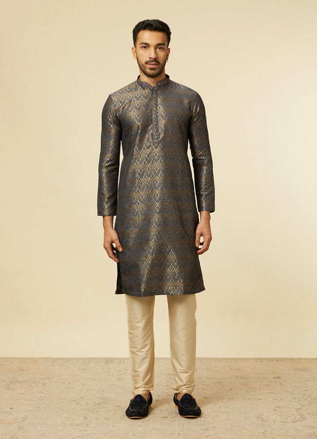 Manyavar Men Dark Blue Diamond Patterned Kurta Set