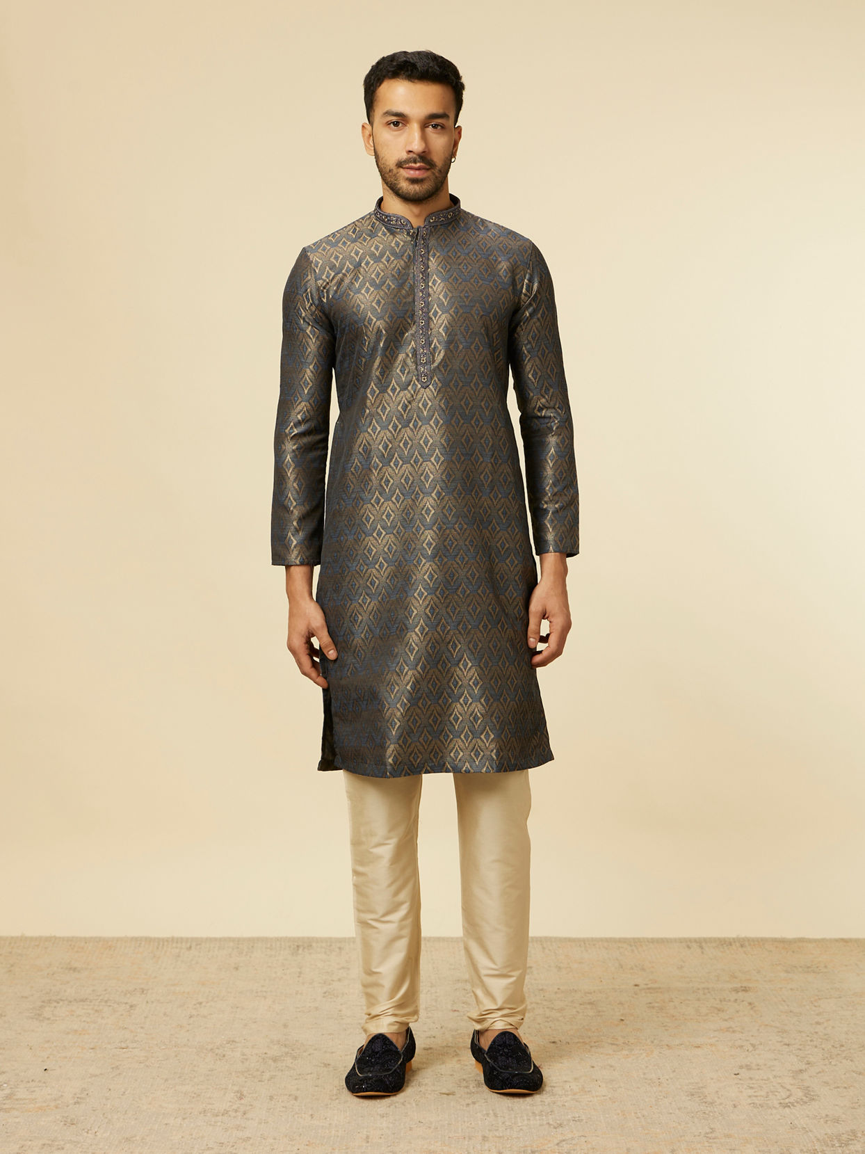 Manyavar Men Dark Blue Diamond Patterned Kurta Set