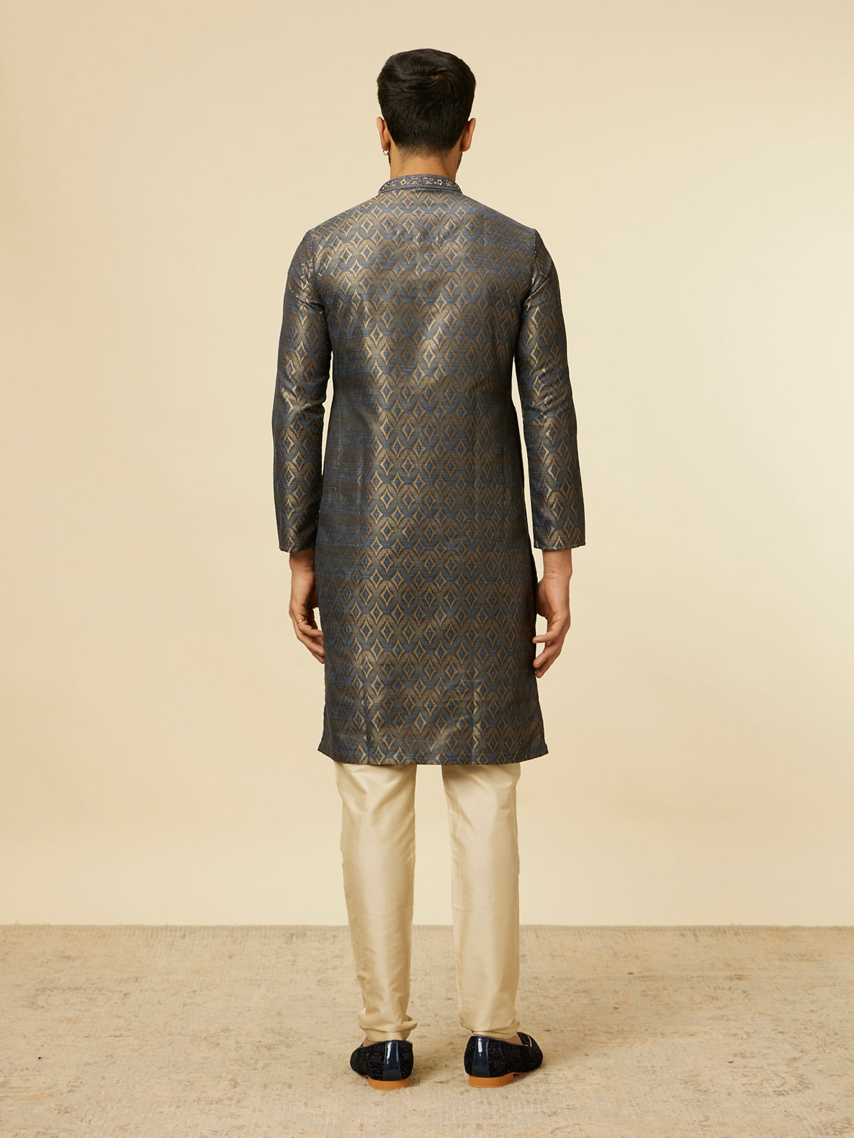 Manyavar Men Dark Blue Diamond Patterned Kurta Set