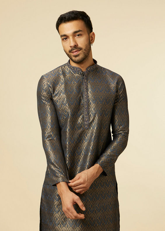 Manyavar Men Dark Blue Diamond Patterned Kurta Set
