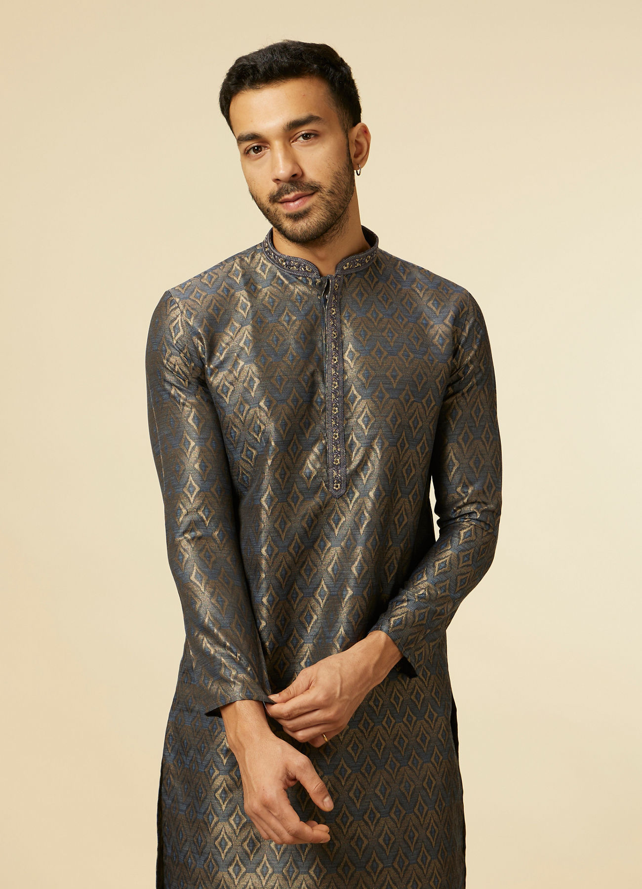 Manyavar Men Dark Blue Diamond Patterned Kurta Set