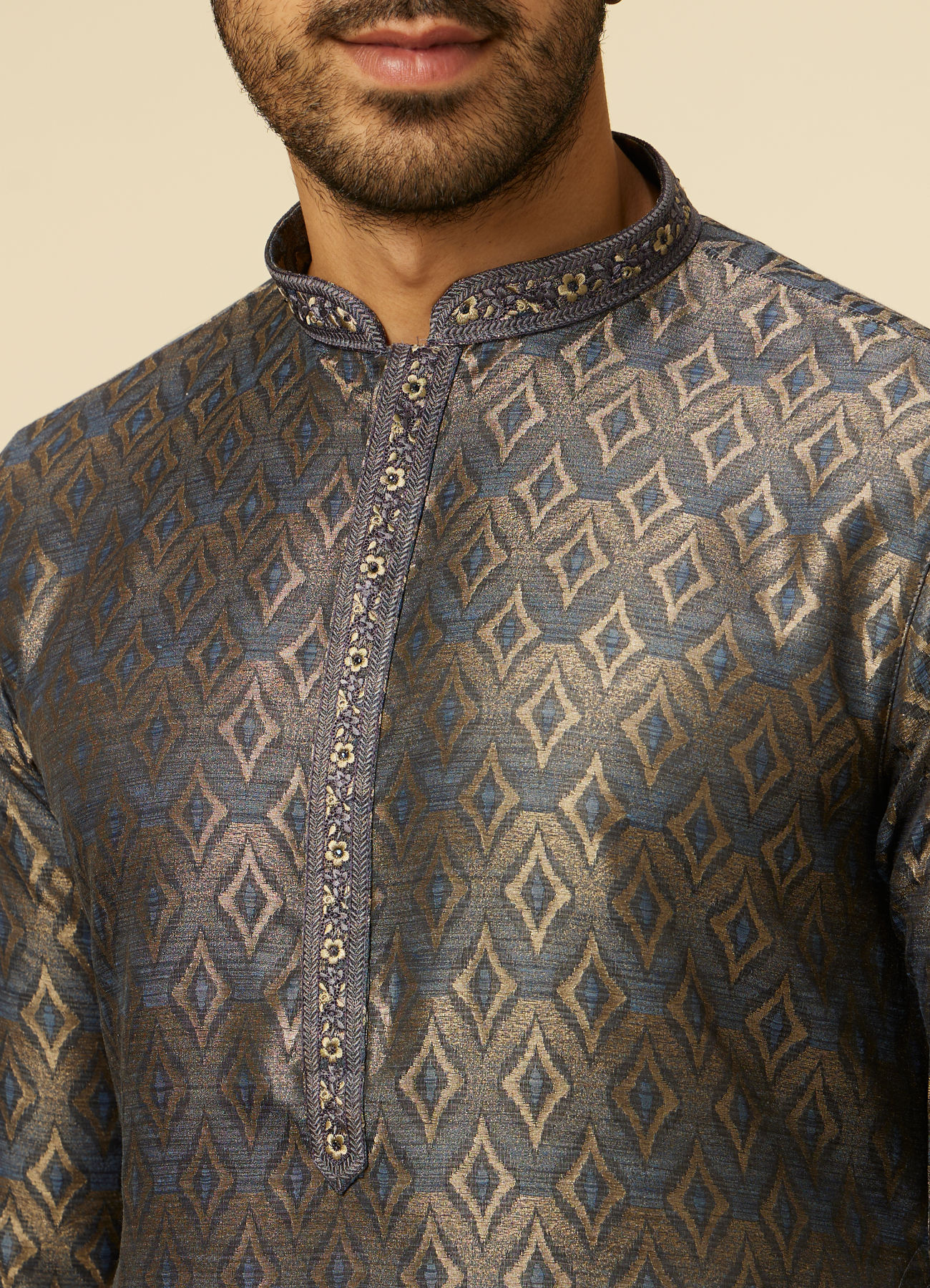 Manyavar Men Dark Blue Diamond Patterned Kurta Set
