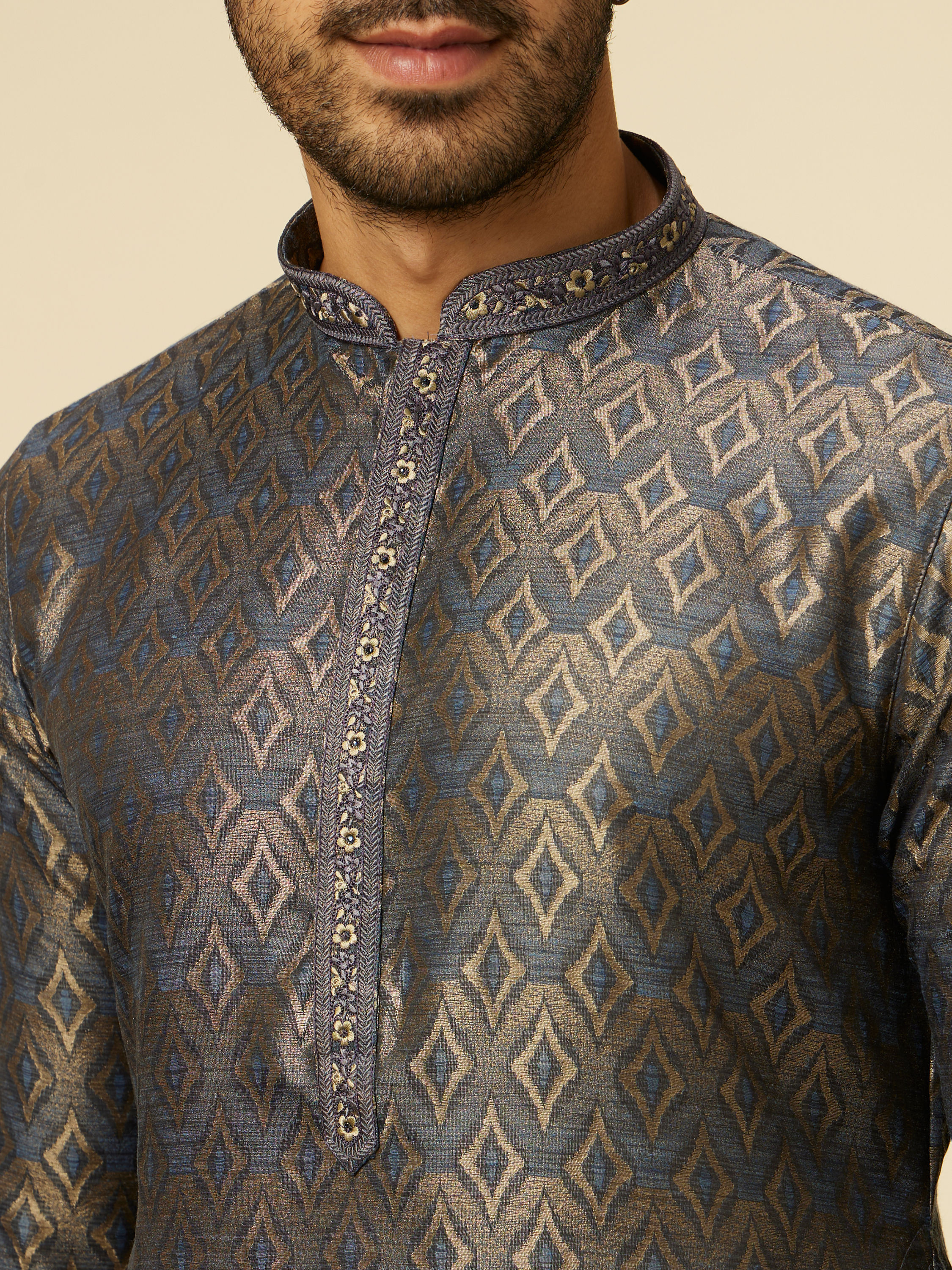 Manyavar Men Dark Blue Diamond Patterned Kurta Set