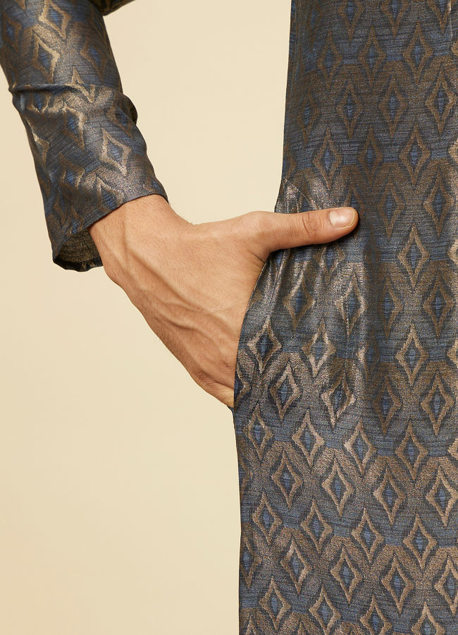 Manyavar Men Dark Blue Diamond Patterned Kurta Set