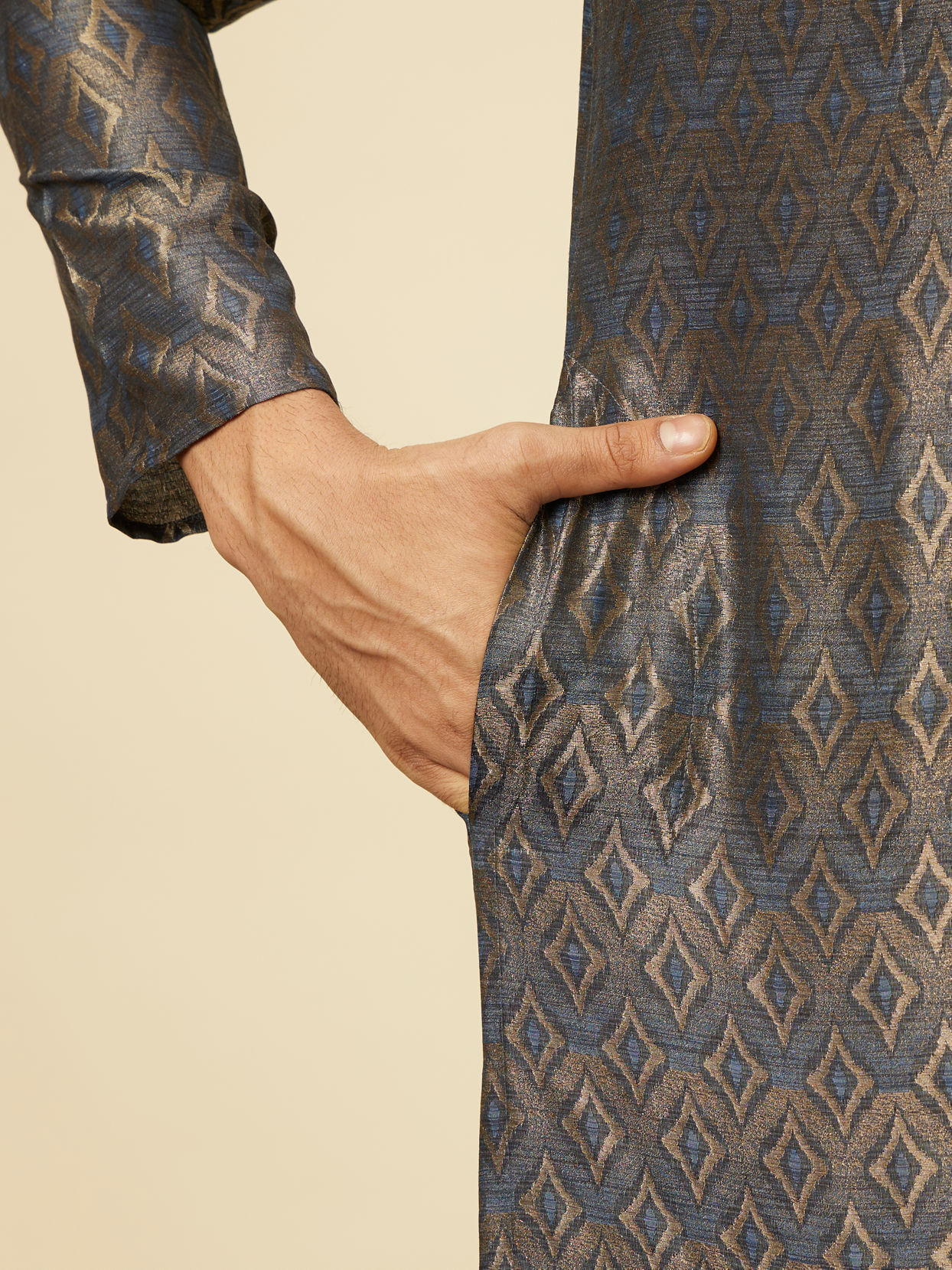 Manyavar Men Dark Blue Diamond Patterned Kurta Set