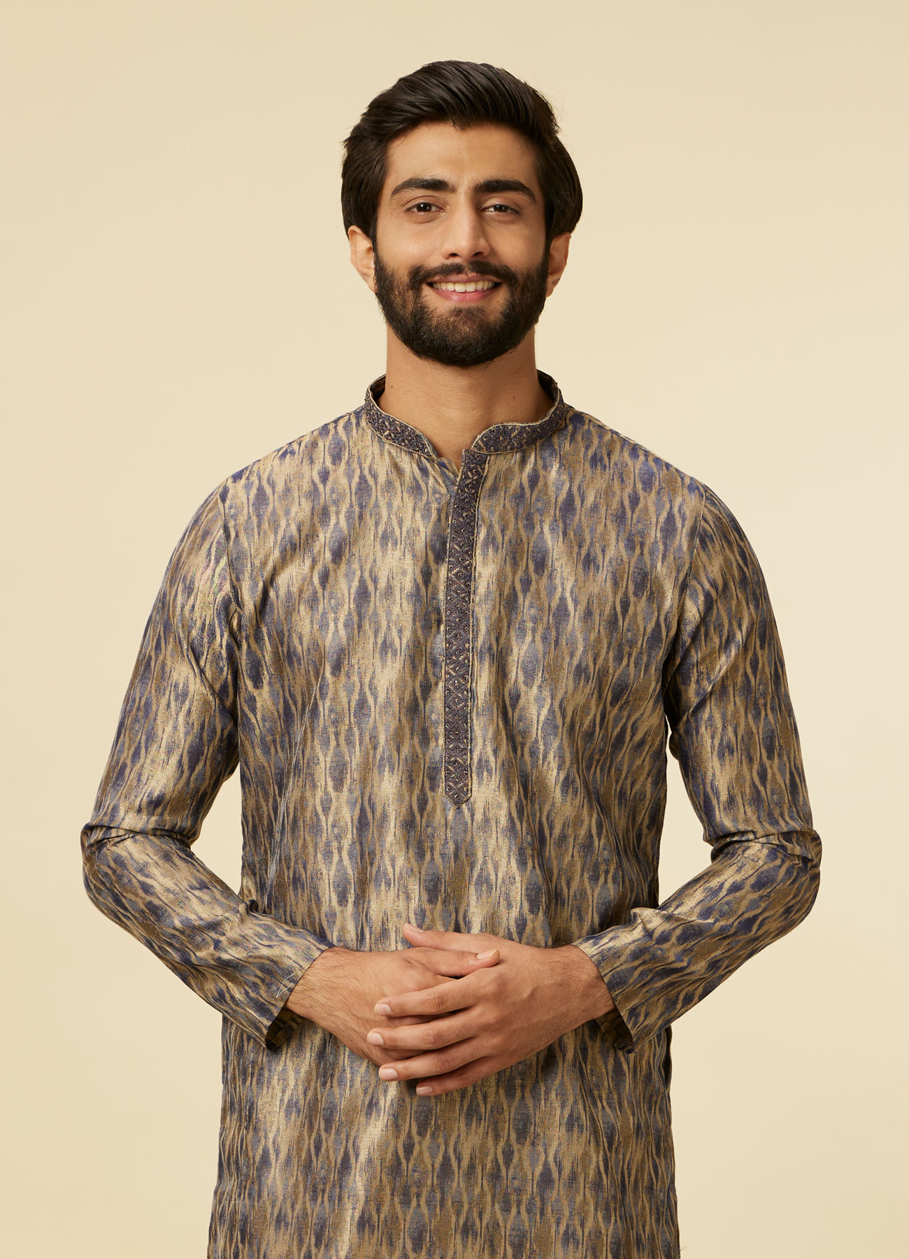 Manyavar Men Dark Blue Frequency Printed Kurta Set