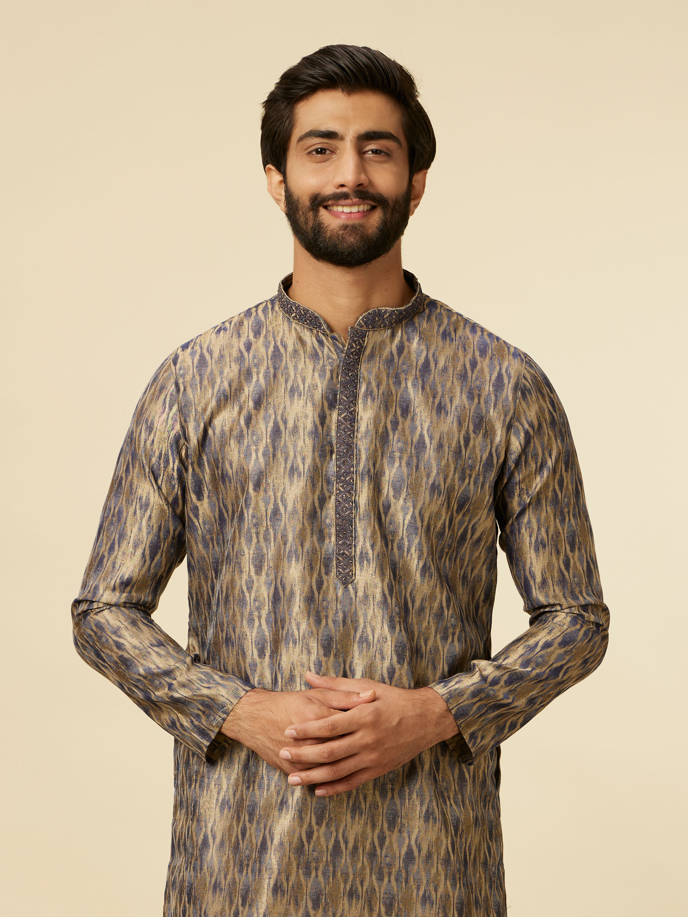 Manyavar Men Dark Blue Frequency Printed Kurta Set
