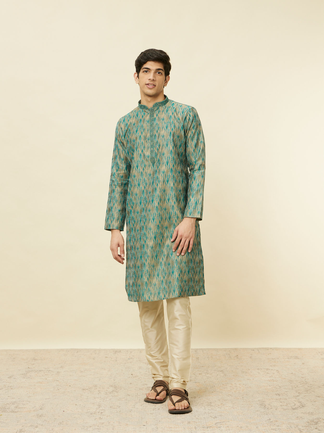 Manyavar Men Teal Green Ogee Patterned Kurta Set