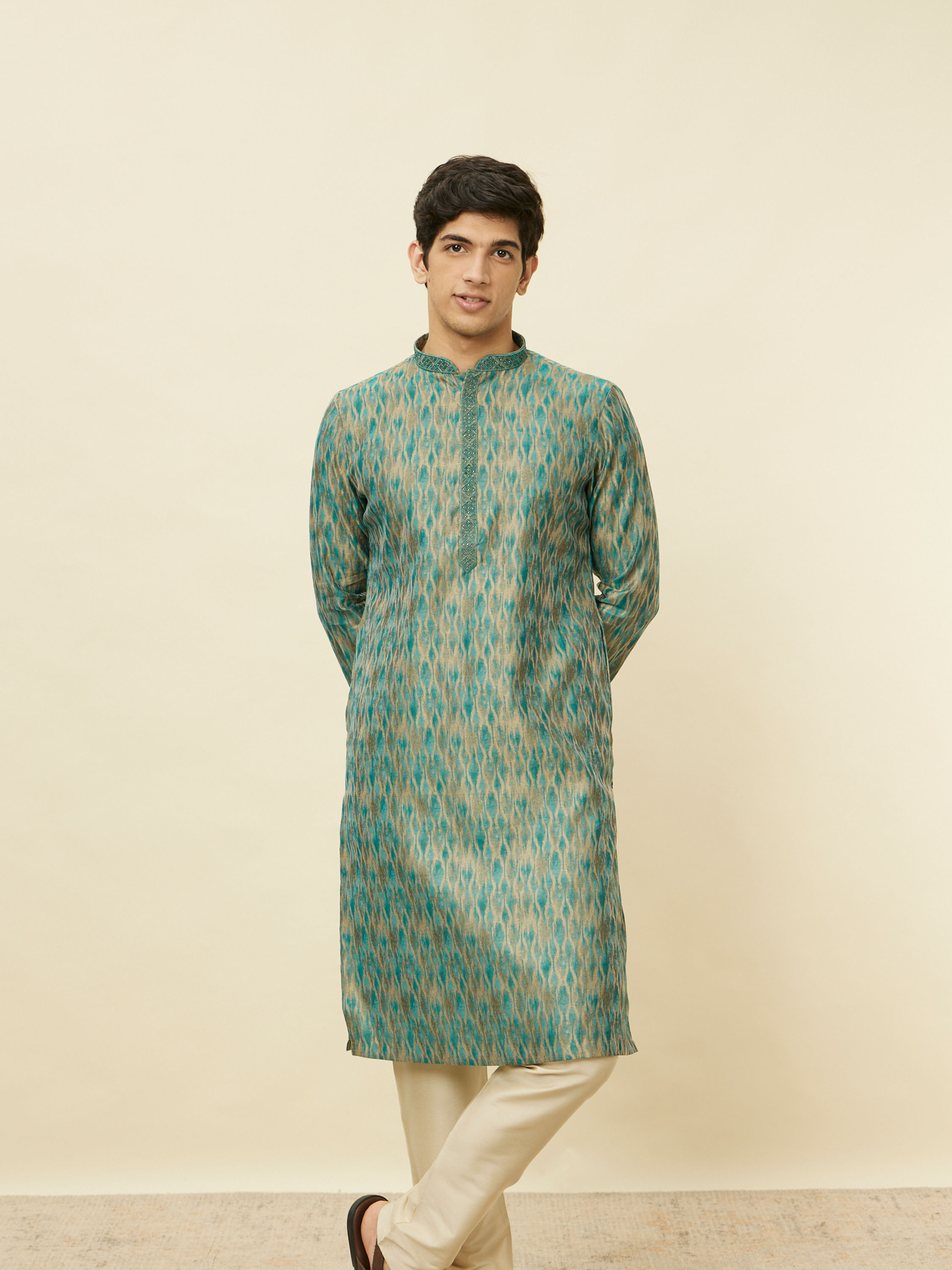 Manyavar Men Teal Green Ogee Patterned Kurta Set