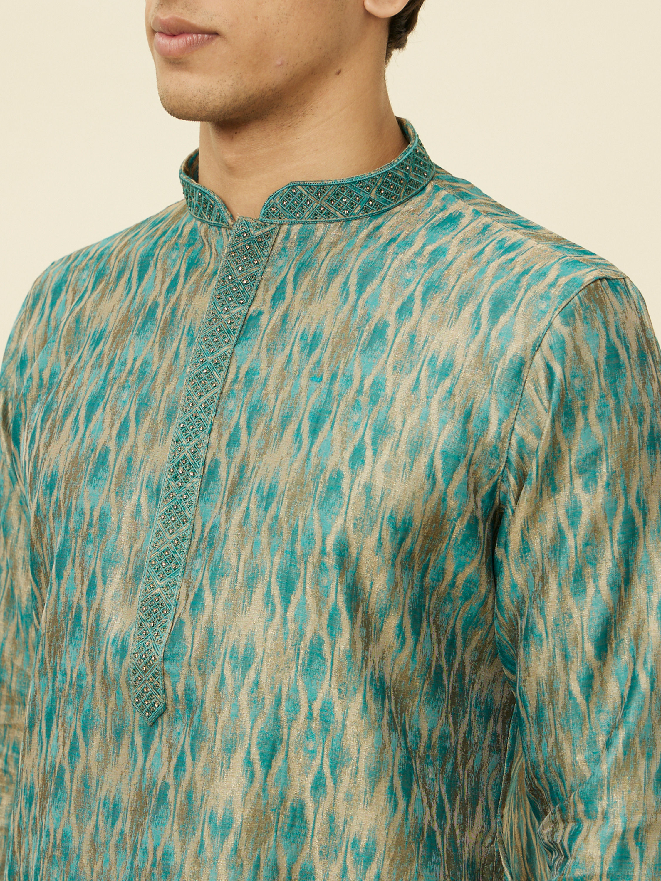 Manyavar Men Teal Green Ogee Patterned Kurta Set