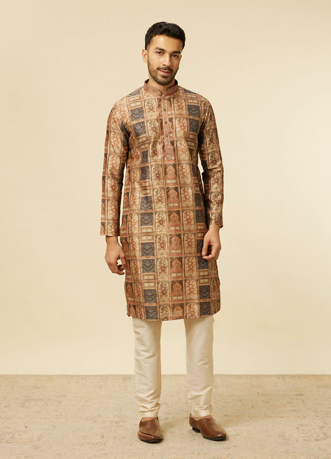 alt message - Manyavar Men Fawn Abstract Printed Kurta Set image number 2