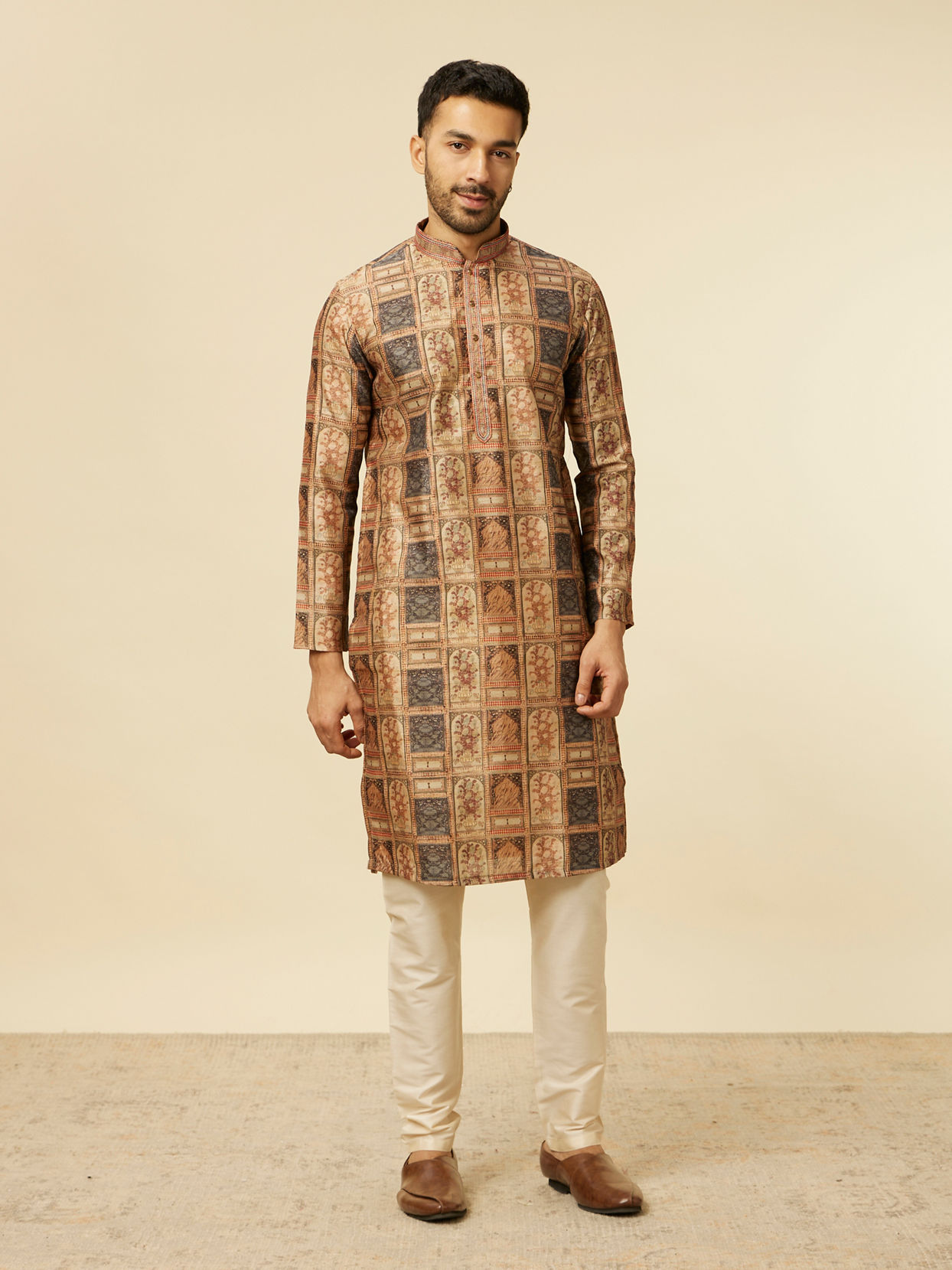 alt message - Manyavar Men Fawn Abstract Printed Kurta Set image number 2