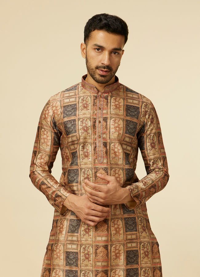 alt message - Manyavar Men Fawn Abstract Printed Kurta Set image number 0