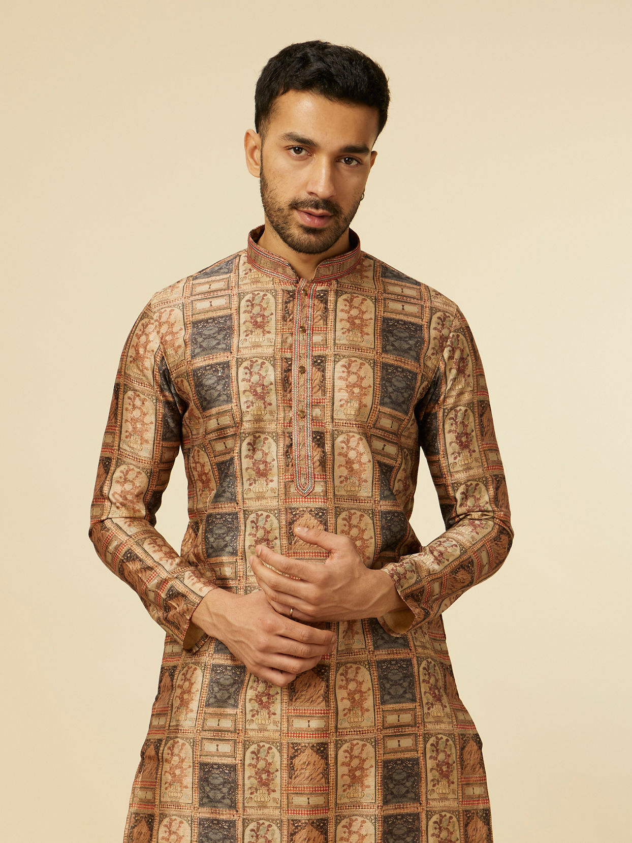 alt message - Manyavar Men Fawn Abstract Printed Kurta Set image number 0