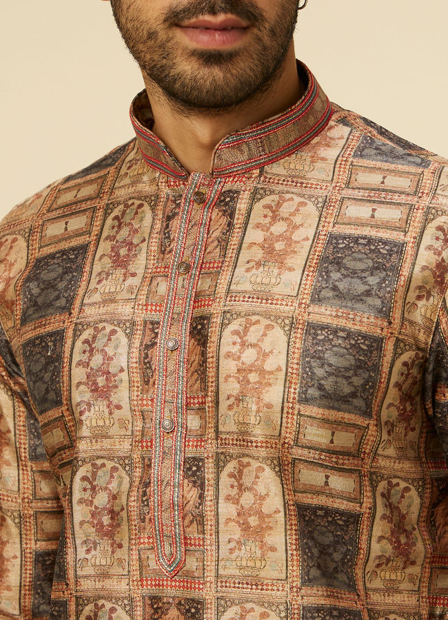 alt message - Manyavar Men Fawn Abstract Printed Kurta Set image number 1