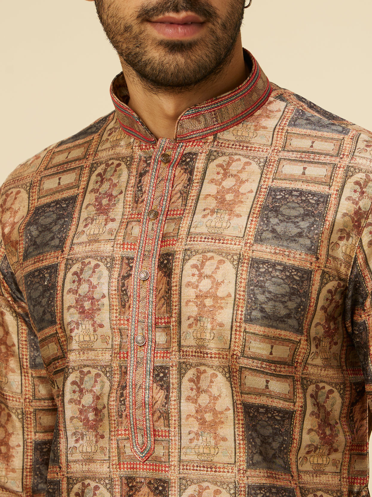 alt message - Manyavar Men Fawn Abstract Printed Kurta Set image number 1