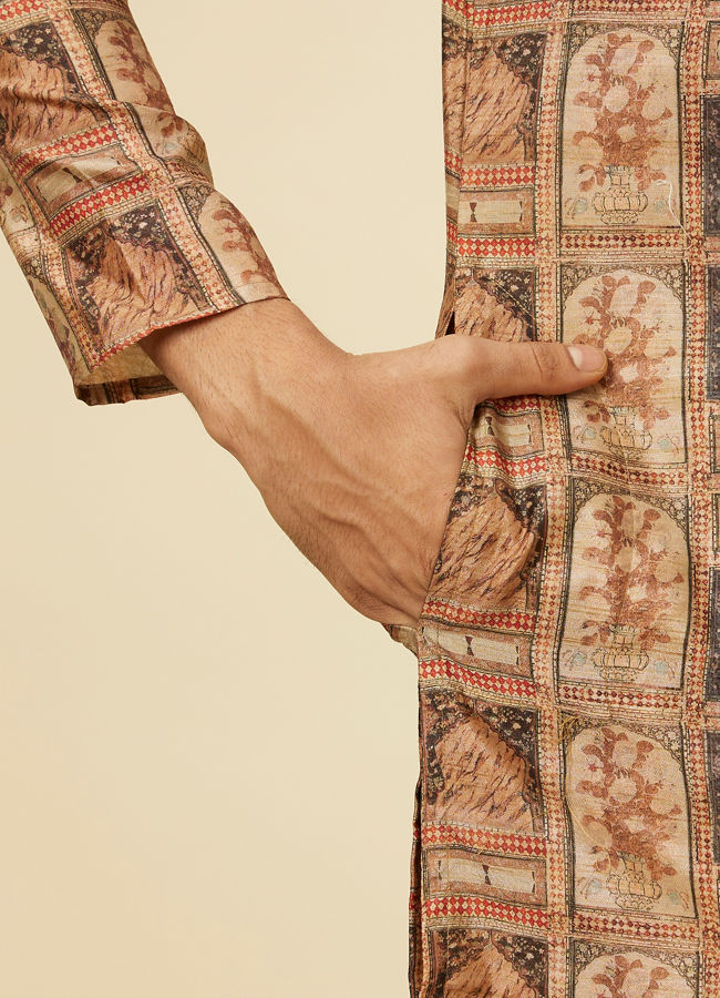 alt message - Manyavar Men Fawn Abstract Printed Kurta Set image number 3