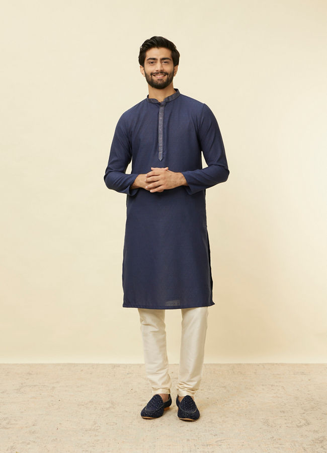 Manyavar Men Navy Blue Diamond Patterned Kurta Set