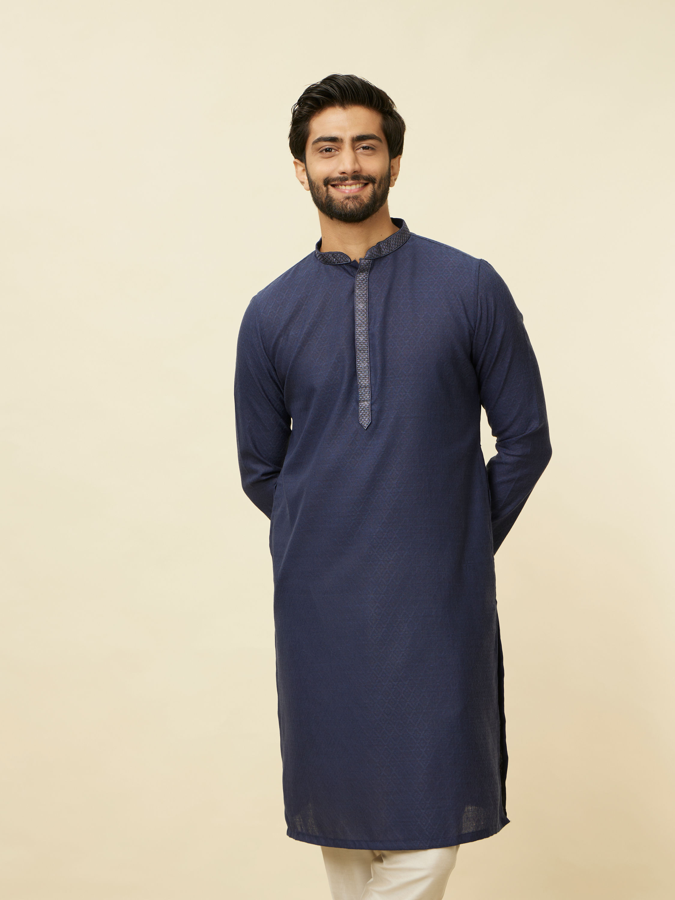Manyavar Men Navy Blue Diamond Patterned Kurta Set