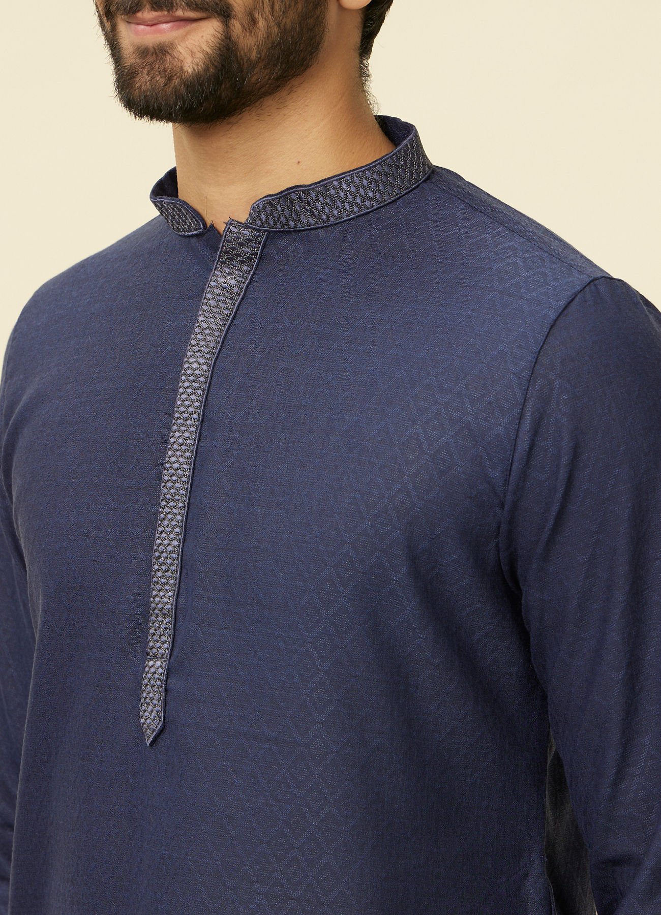 Manyavar Men Navy Blue Diamond Patterned Kurta Set