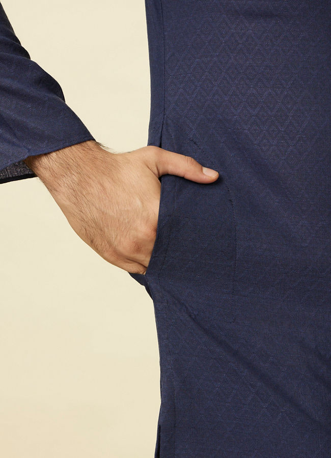 Manyavar Men Navy Blue Diamond Patterned Kurta Set