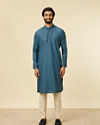 Manyavar Men Teal Blue Diamond Patterned Kurta Set