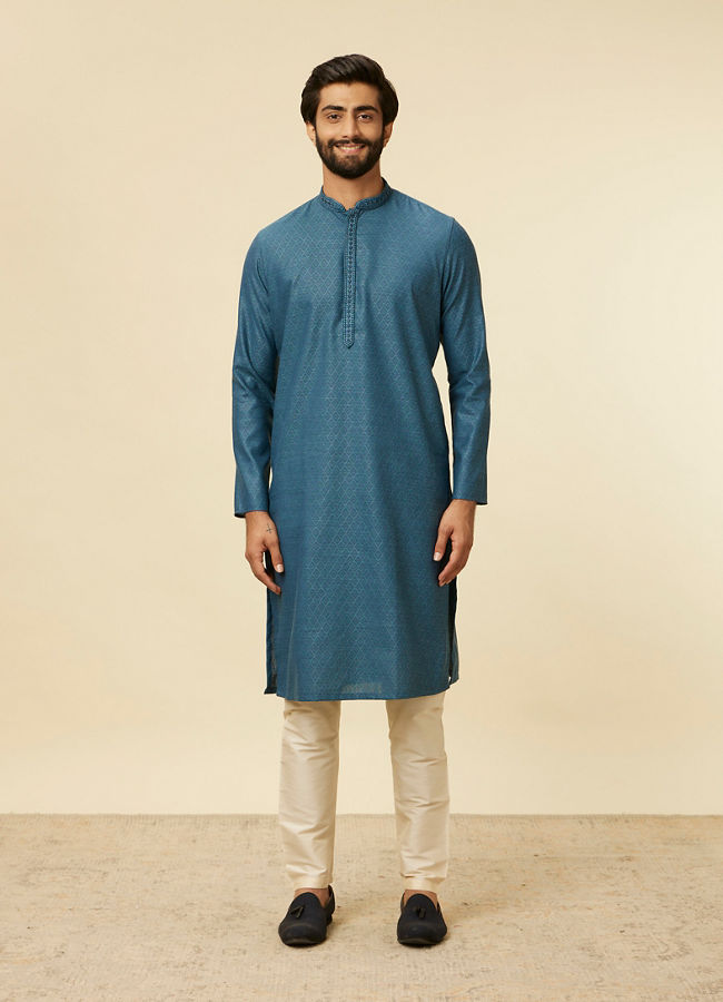 Manyavar Men Teal Blue Diamond Patterned Kurta Set