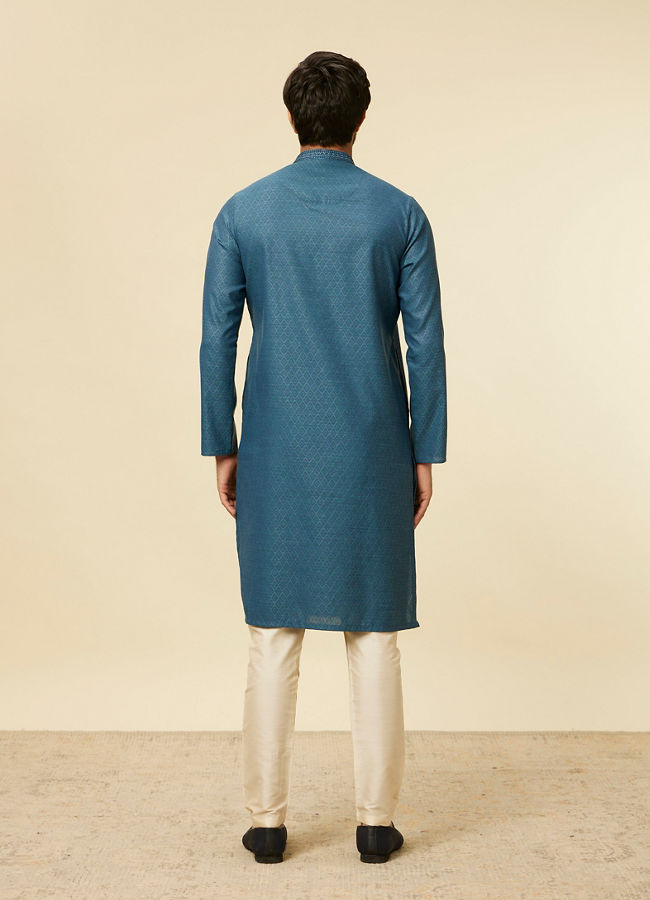 Manyavar Men Teal Blue Diamond Patterned Kurta Set