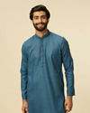 Manyavar Men Teal Blue Diamond Patterned Kurta Set