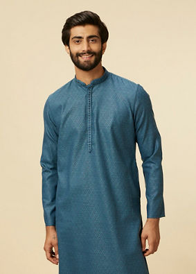 Manyavar Men Teal Blue Diamond Patterned Kurta Set