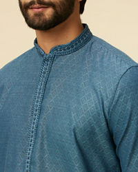 Manyavar Men Teal Blue Diamond Patterned Kurta Set