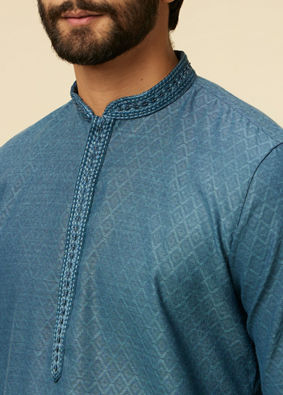 Manyavar Men Teal Blue Diamond Patterned Kurta Set