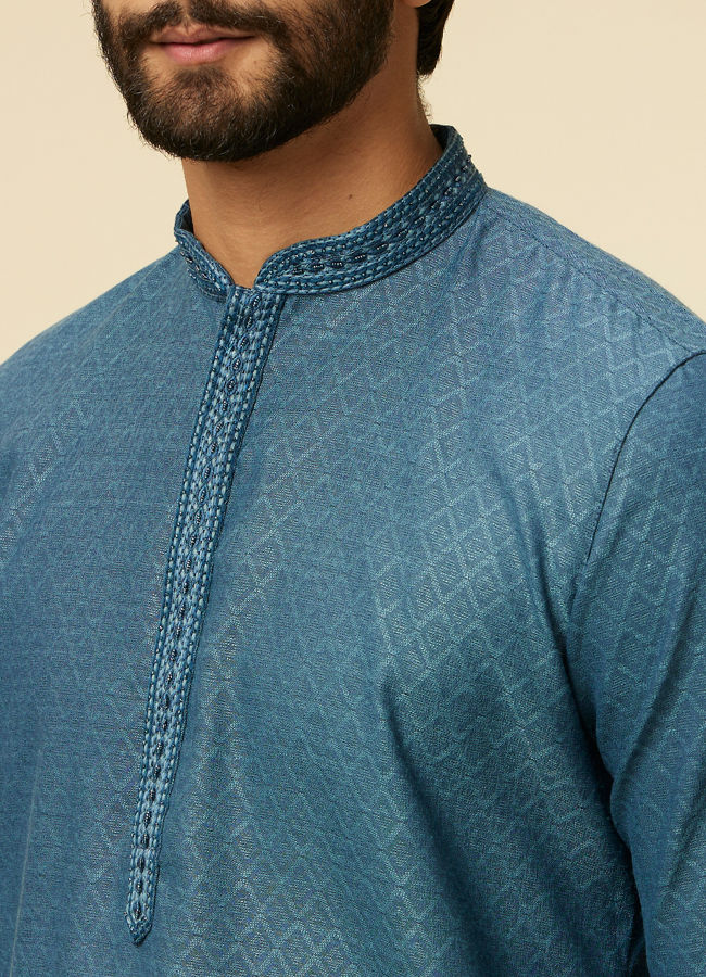Manyavar Men Teal Blue Diamond Patterned Kurta Set