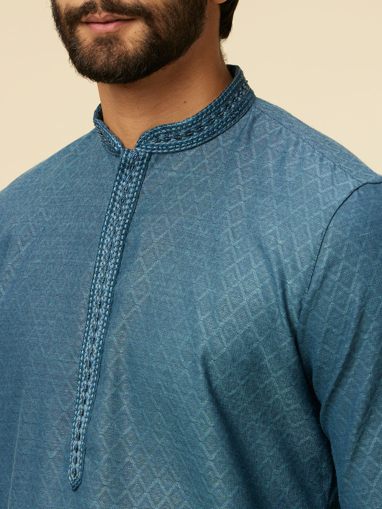 Manyavar Men Teal Blue Diamond Patterned Kurta Set
