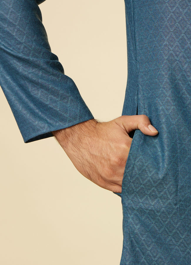 Manyavar Men Teal Blue Diamond Patterned Kurta Set