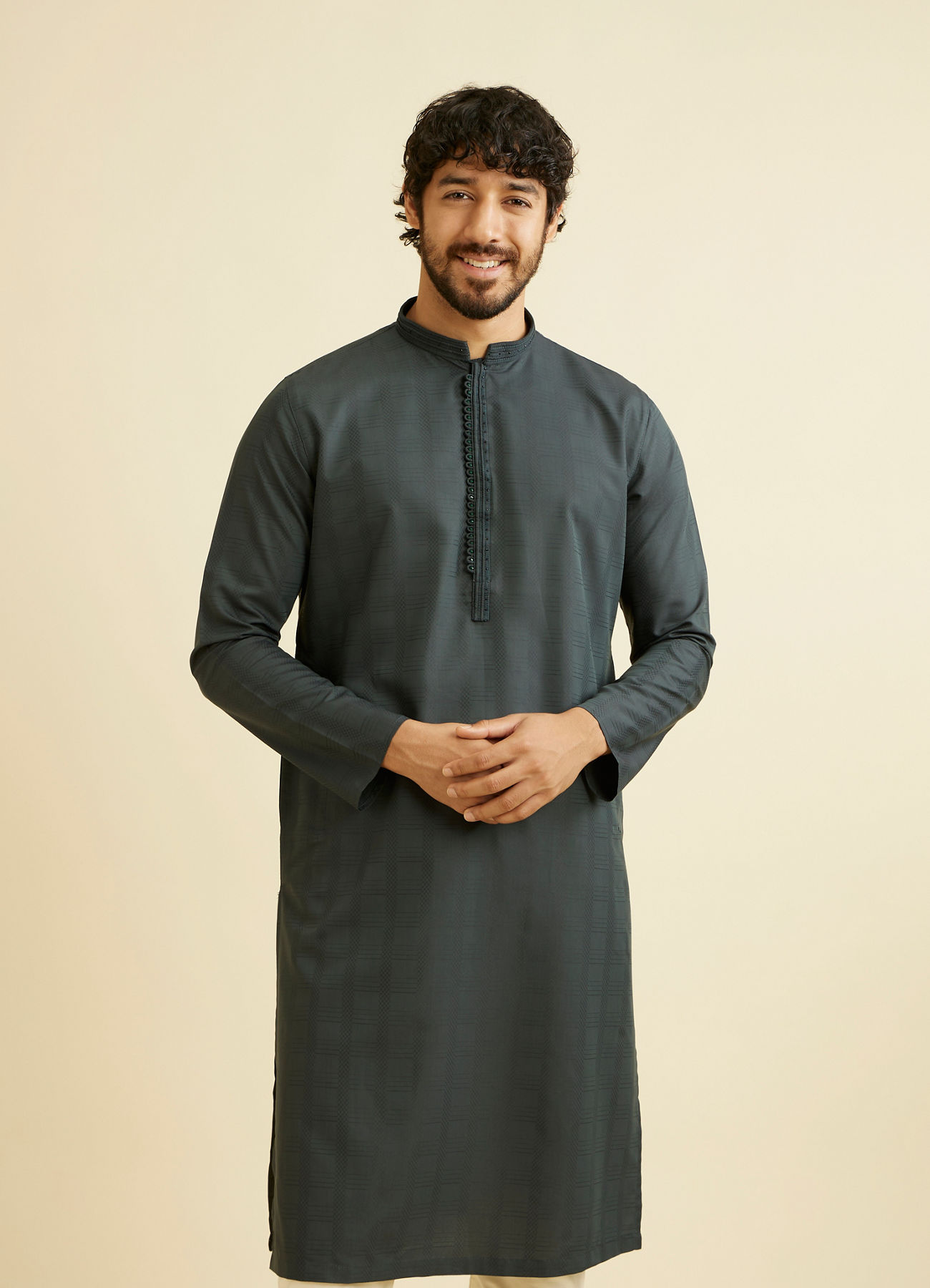 Manyavar Men Bottle Green Self Textured Kurta Set