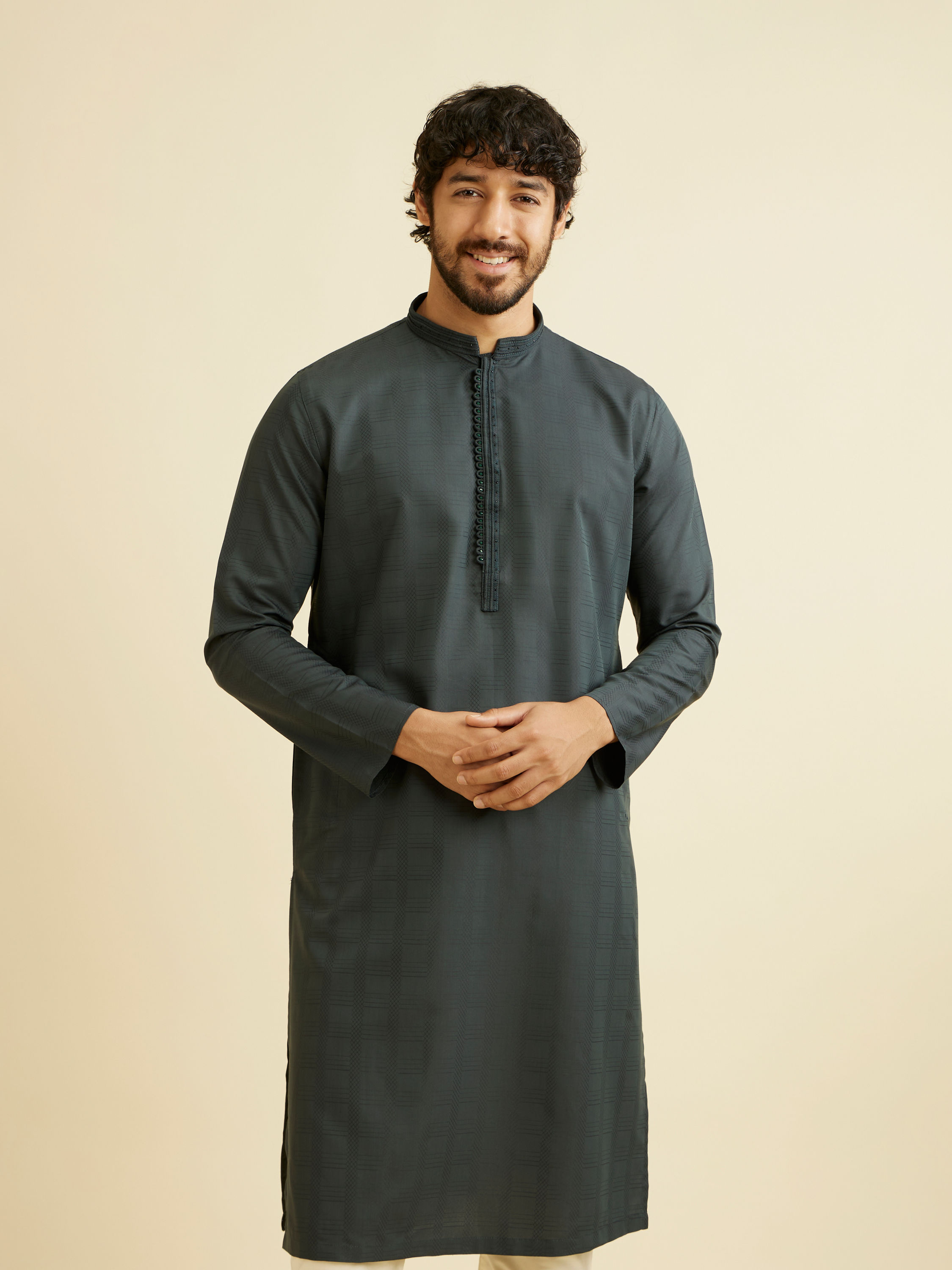 Manyavar Men Bottle Green Self Textured Kurta Set