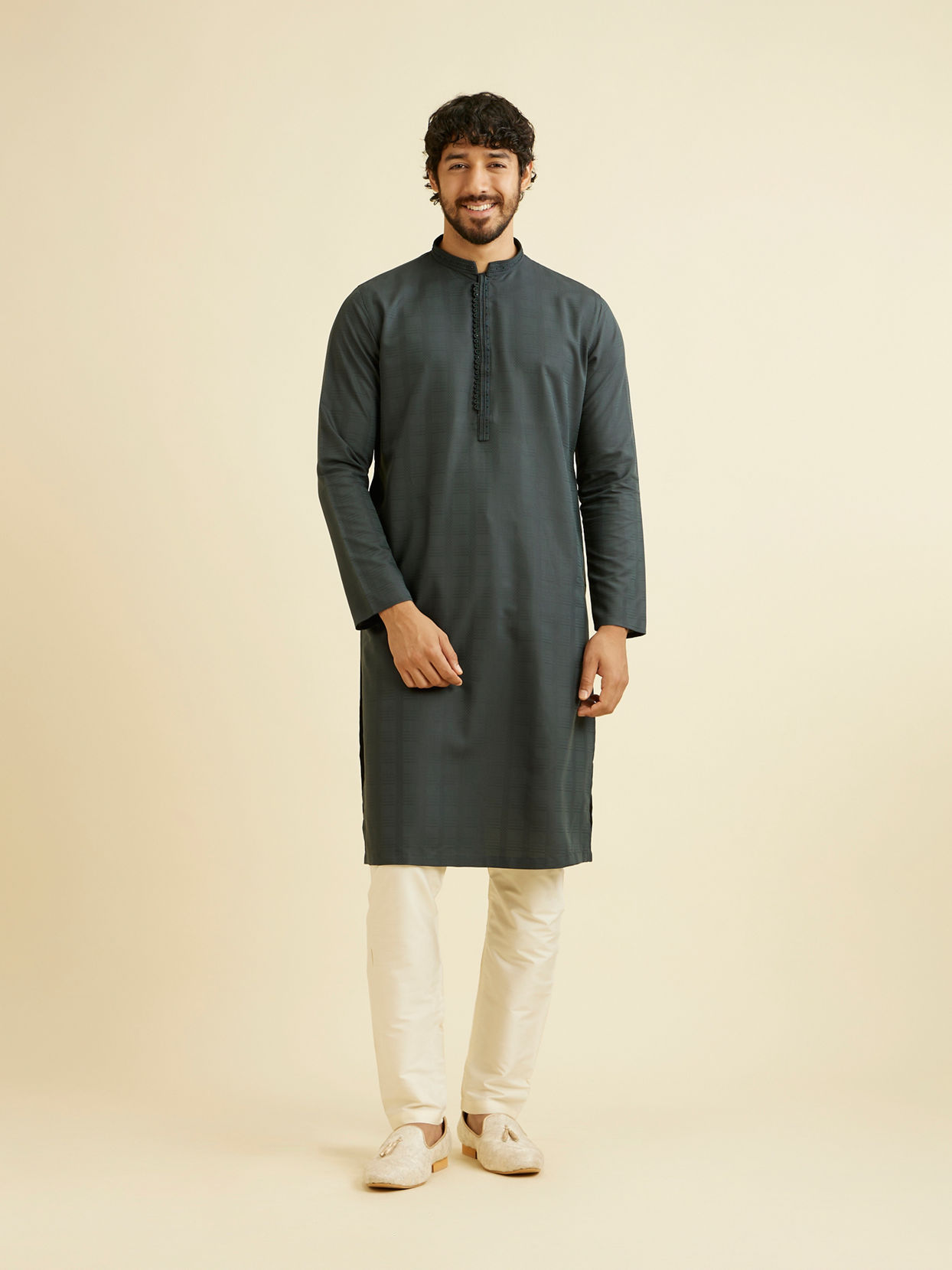 Manyavar Men Bottle Green Self Textured Kurta Set